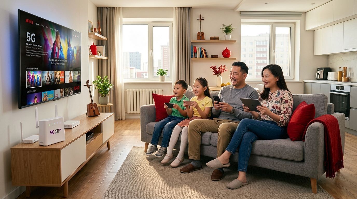 Family using high speed home internet